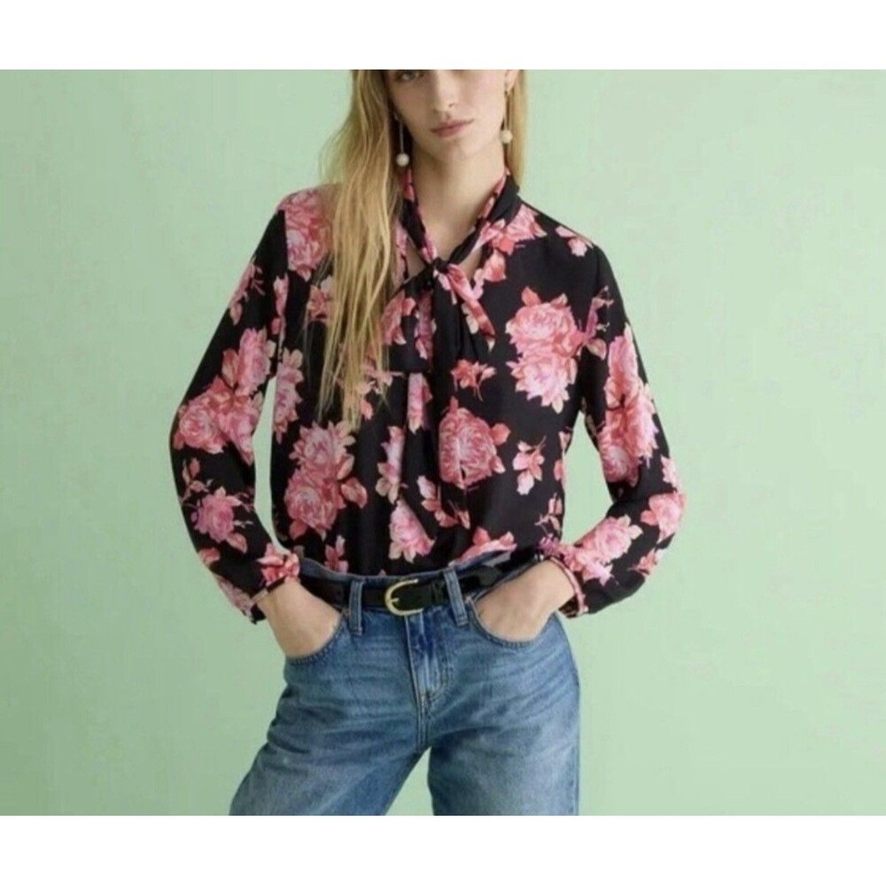 J Crew Midnight Rose Tie Neck Long Sleeve Blouse Size Small